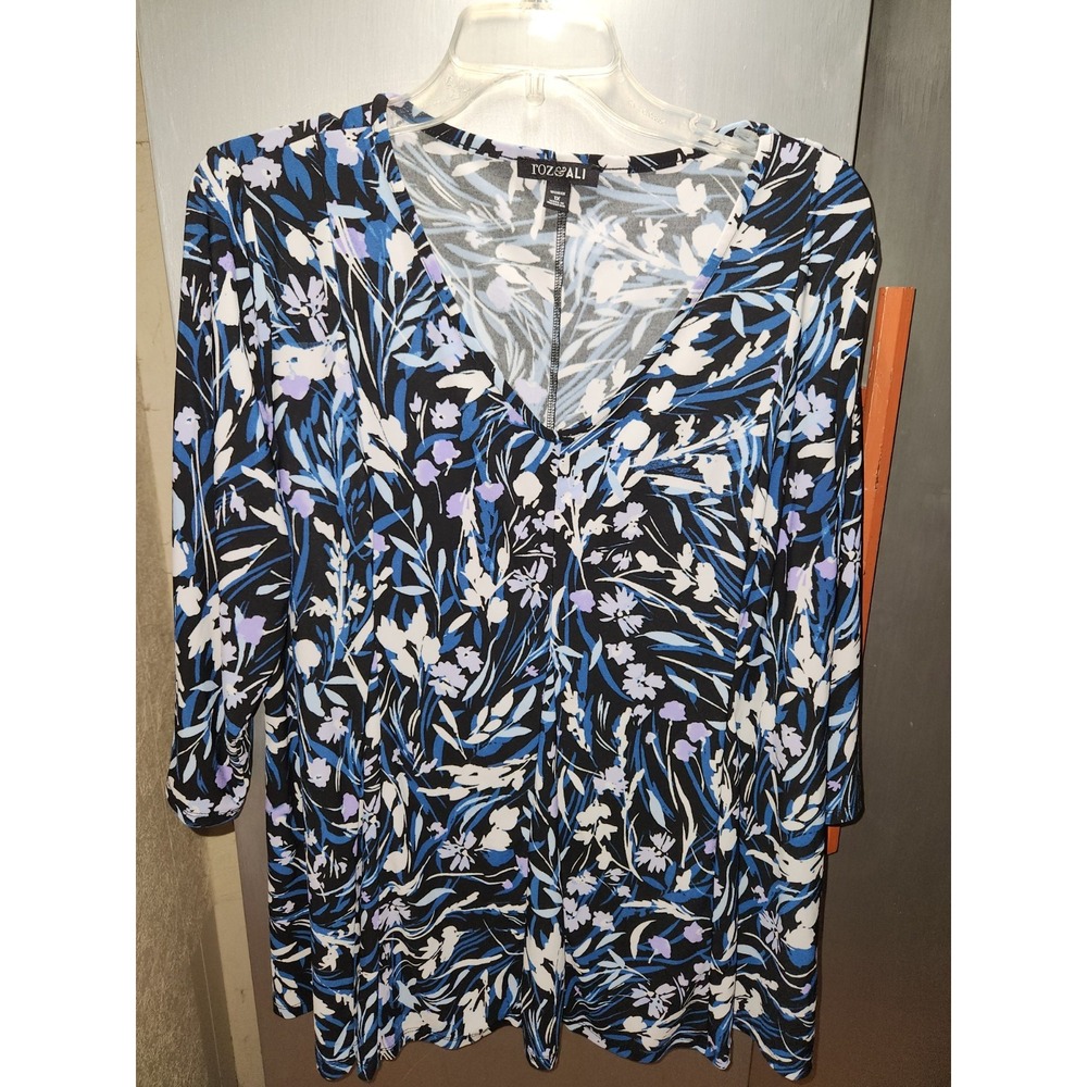 Roz and Ali Floral Comfy 1X Blouse Boho‎ V-neck 3/4 Sleeve